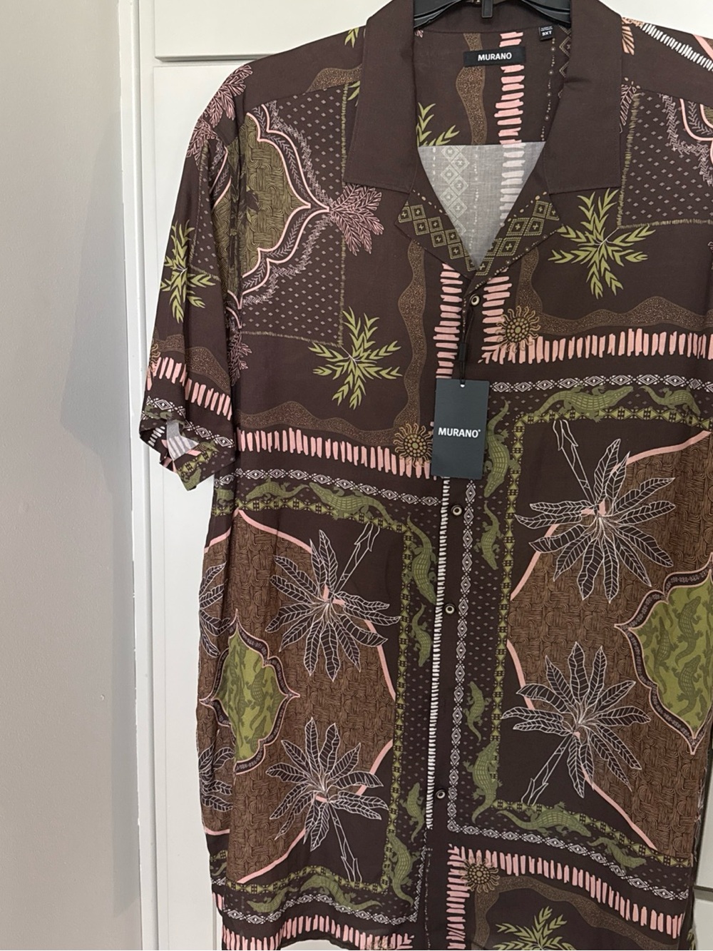 Murano Mens 3XT Brown Tropical Hawaiian Patchwork Lyocell Linen Button Shirt NWT